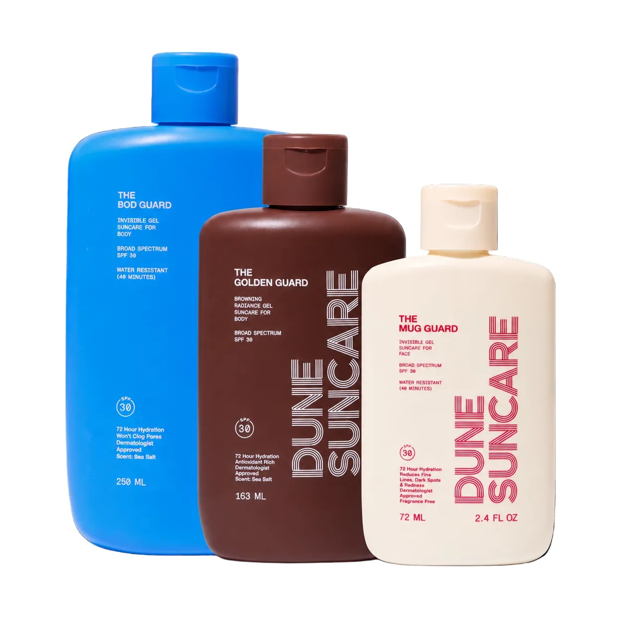 Three bottles of Dune Suncare sunscreen with different sizes on a white background